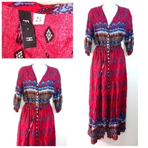 F.H LONG DRESS BUTTONS UP ROUND NECK HALF SLEEVE OPEN FRONT SIZE SMALL